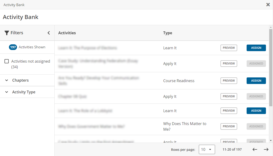 The activity bank, showing that 197 activities are available for this textbook, and 34 are unassigned. Unassigned activities have an Assign button, while assigned activities are labeled Assigned. All activities can be previewed.